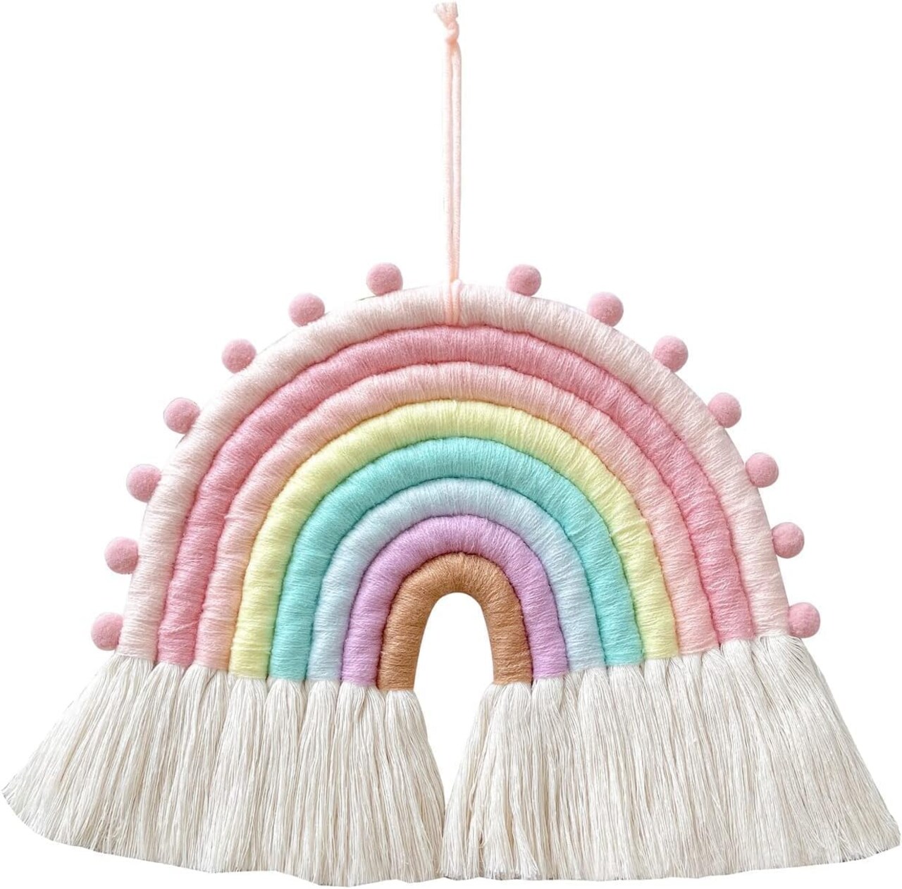 Large Macramé Rainbow Wall Hanging – Handmade Pom-Pom Garland, Boho Rainbow Décor for Kids’ Room, Girls’ Bedroom, Baby Shower, or Nursery